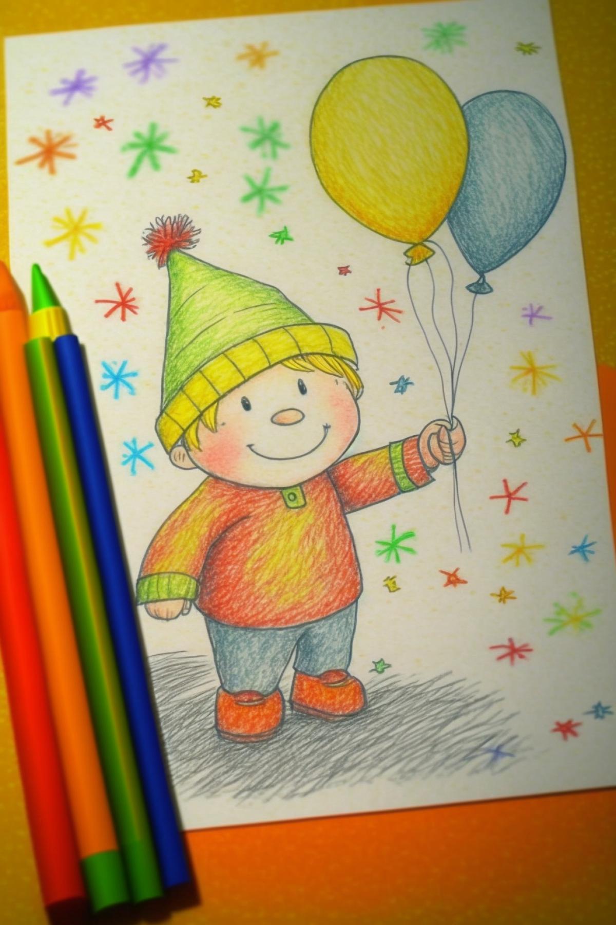 Drawing drawn by a child with colored pencils. The picture shows a New Years theme.