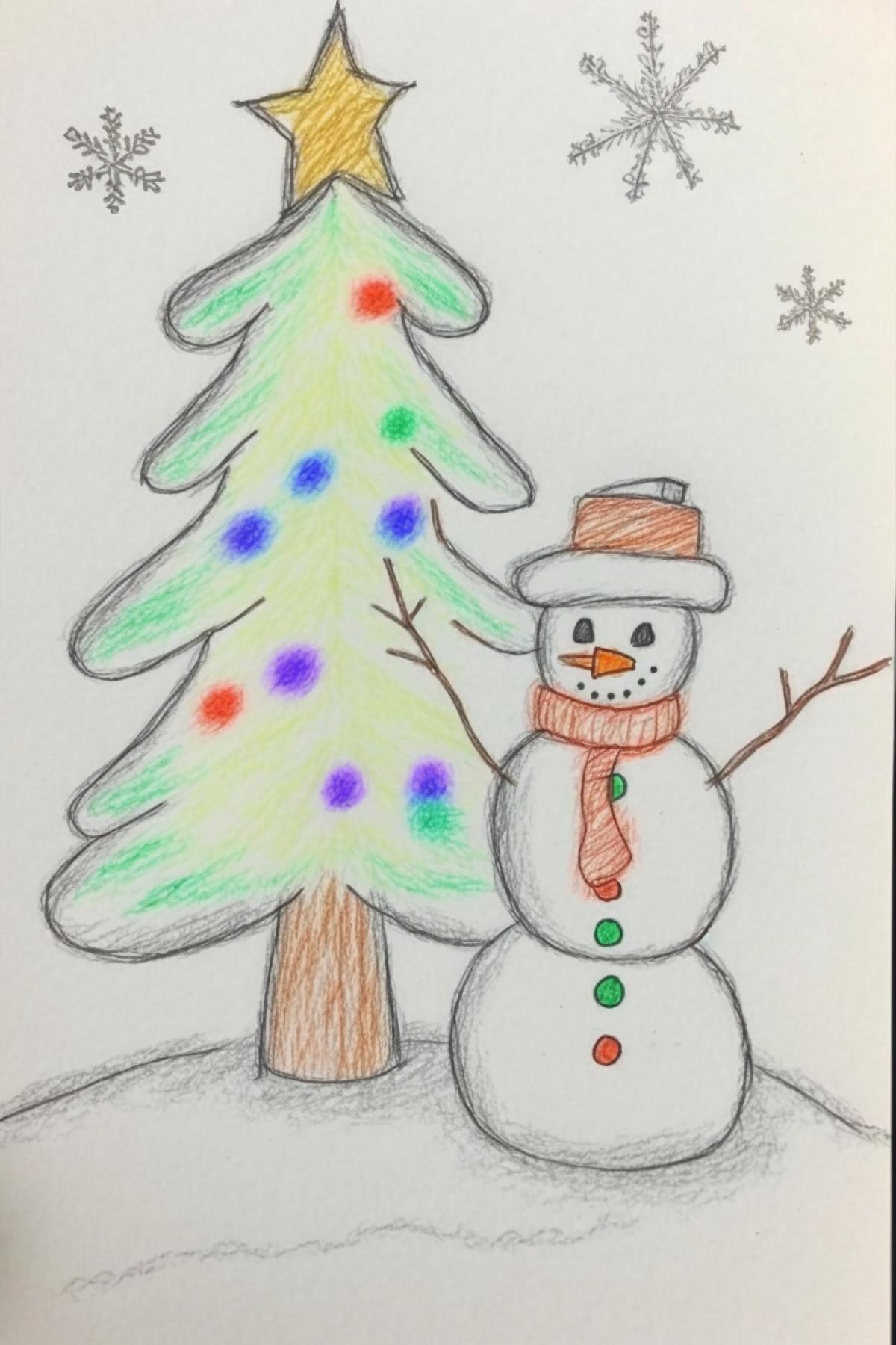 Drawing drawn by a child with colored pencils. The picture shows a snowman and a decorated Christmas tree.