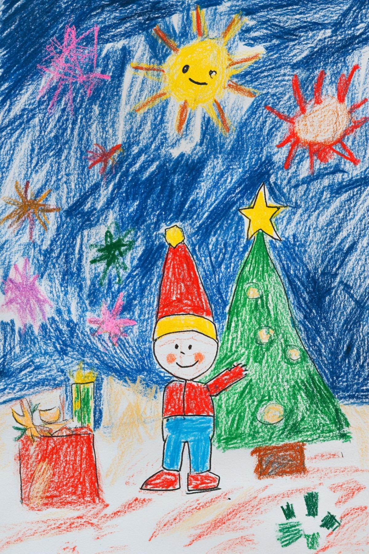 The most bchildrens drawing of the New Years mood. This is an average childrens drawing. There is nothing unique or interesting about it. This drawing does not stand out in any way from thousands of childrens drawings of New Years mood.