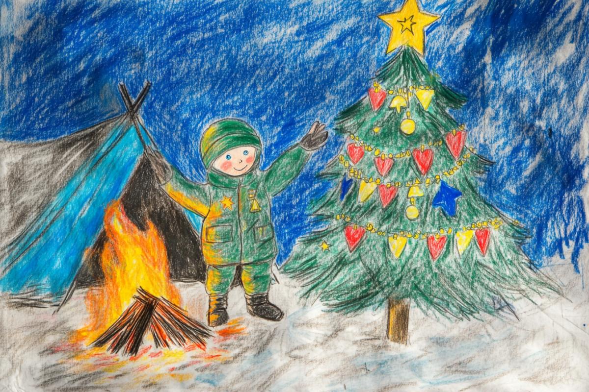 Childrens drawing, a Russian soldier near a fire near a tent decorates a Christmas tree with medals and stars, drawing by a 4-year-old child