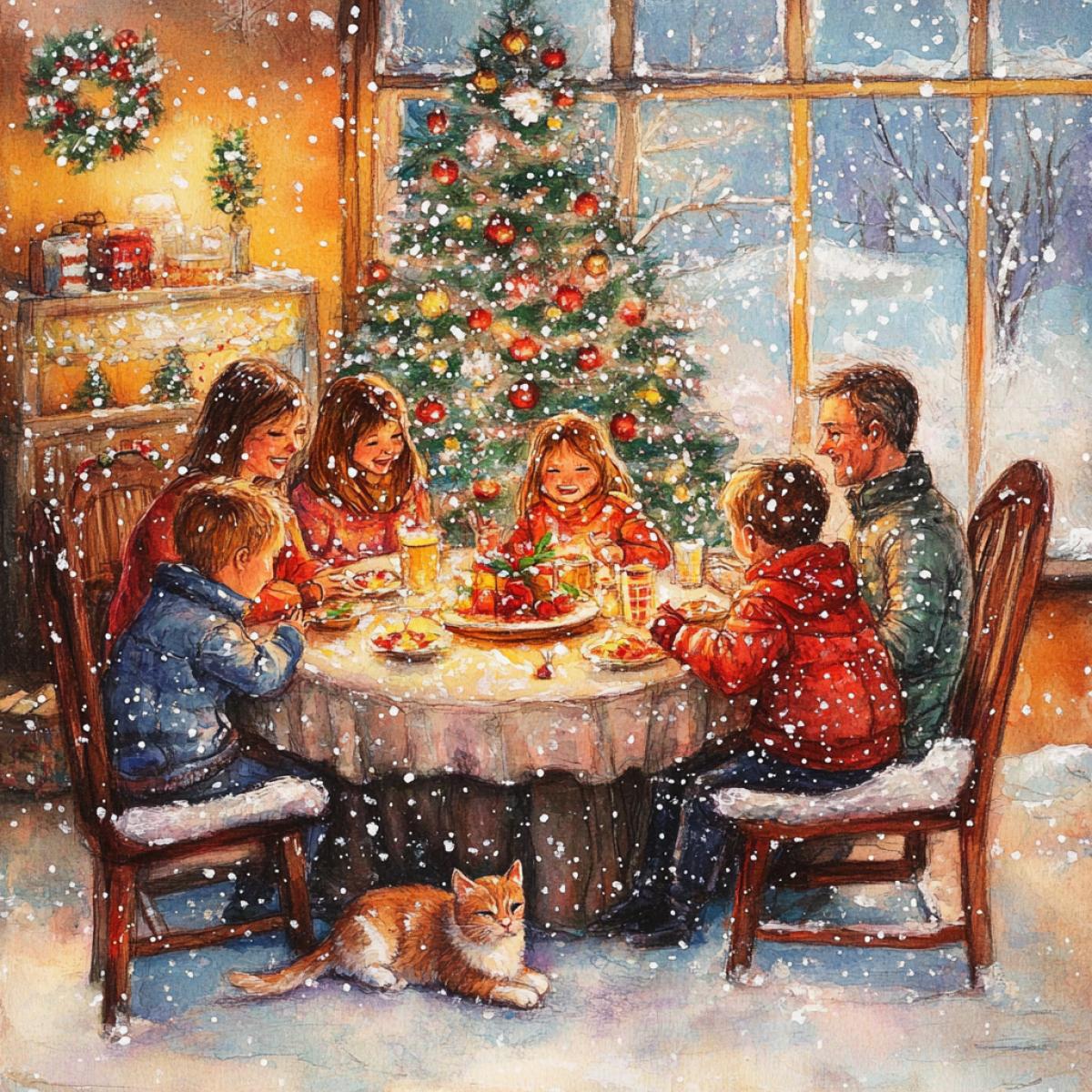 Make a beautiful drawing. Family, children, dad and mom are sitting at the New Years festive table together. Joyful and warm atmosphere. Everyone is having fun. A decorated Christmas tree is visible. A kitten is sleeping on the sofa. Snowflakes are visible outside the window.
