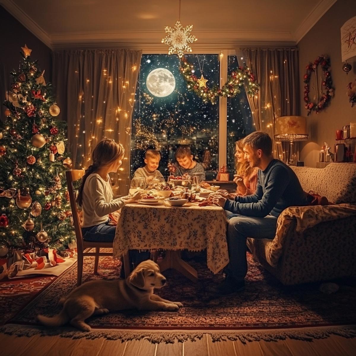 Take a realistic photo. Family, children, dad and mom are sitting at the New Years festive table together inside the house. Joyful and warm atmosphere. There is a carpet on the floor. Everyone is having fun. A decorated Christmas tree is visible. A puppy is sleeping on the sofa. The moon is visible outside the window.