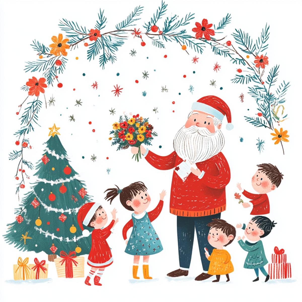 on a sheet of an album a student gives flowers to a teacher, hand drawn with a fountain pen, poster com4k, a lot of white space, clean background, simple childrens drawings, Santa Claus, gifts, a Christmas tree, written with colored markers, surrounded by caricatures of a happy teacher and children. Vector illustration style, bright colors raw style