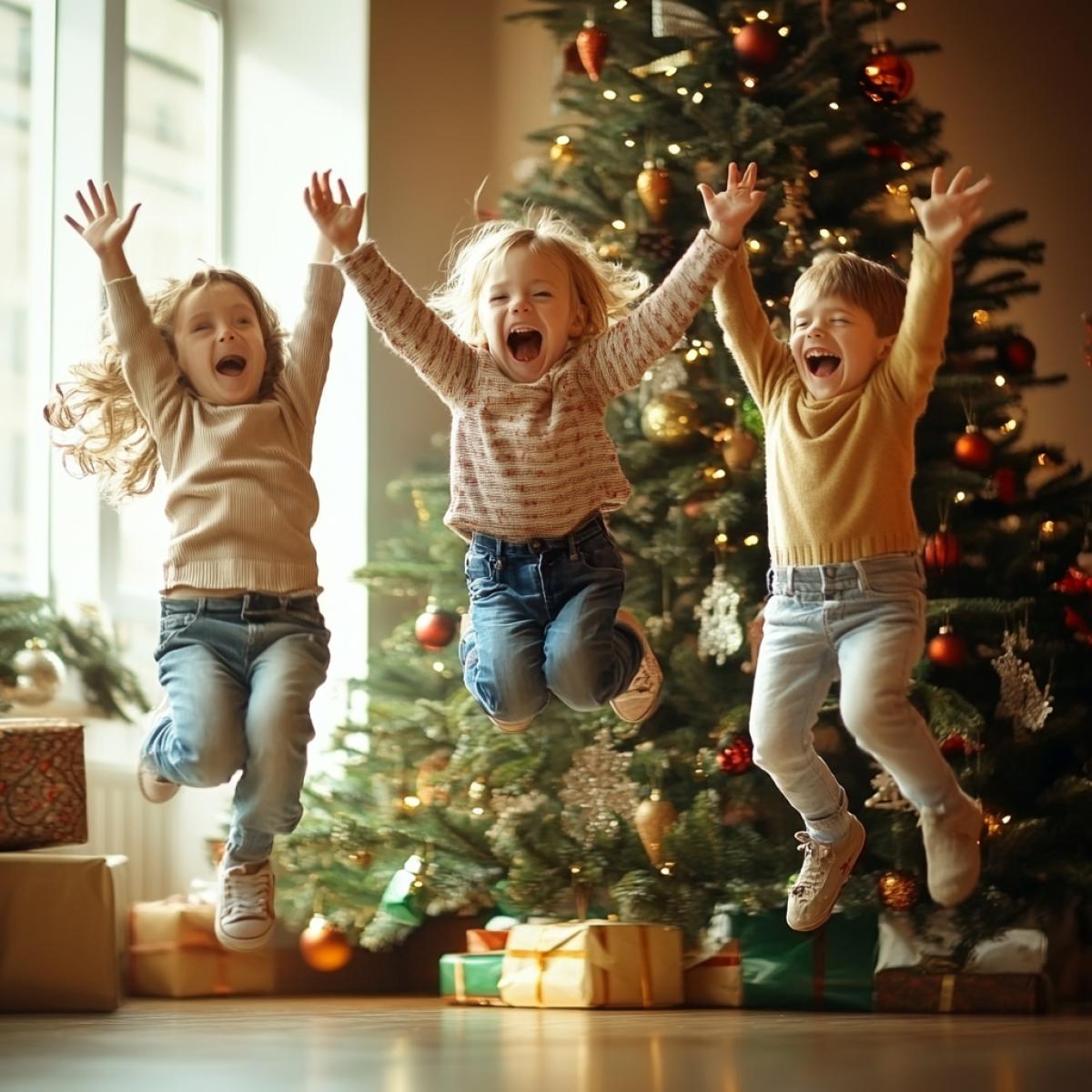 Merry home holiday New Years children jumping near the Christmas tree