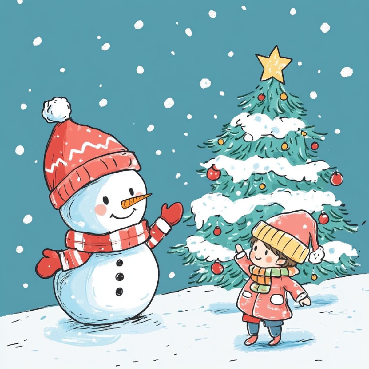 Draw a simple postcard with a cheerful snowman and a 6-year-old child on it, a decorated Christmas tree, outside. Waiting for the new year