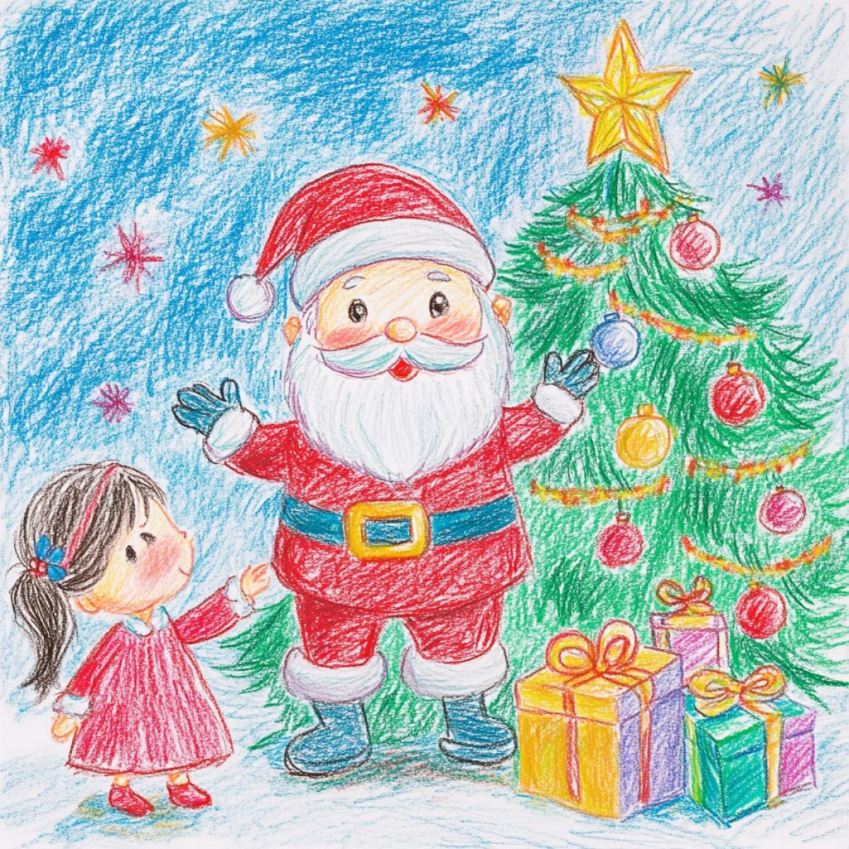 Draw a simple cute childrens drawing with colored pencils. Santa Claus with gifts and two children, decorated Christmas tree