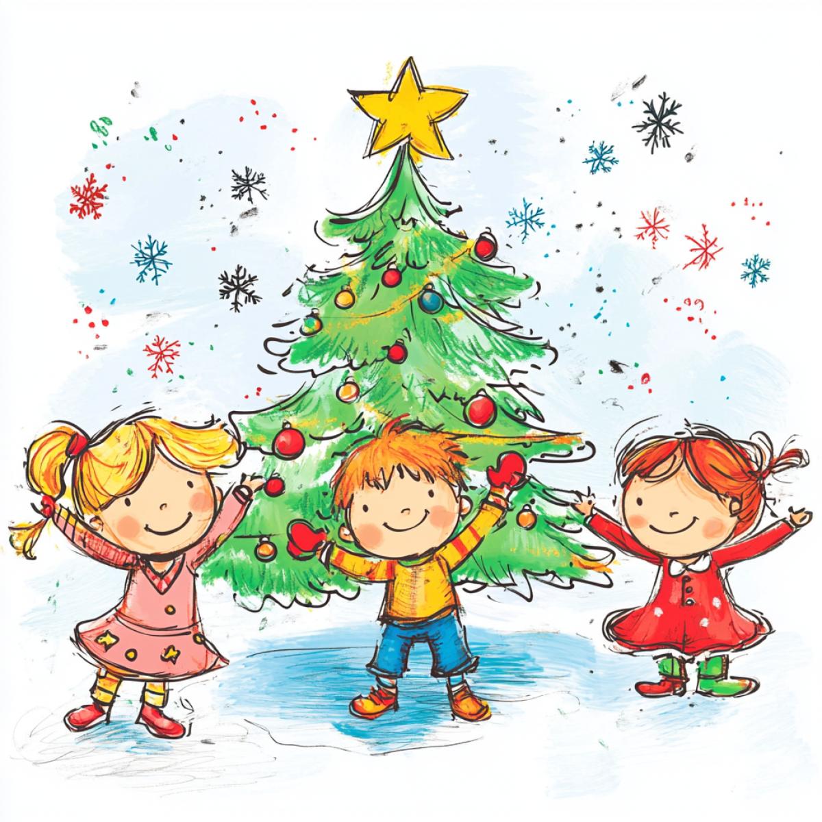 Childrens drawing. Merry home holiday New Year kids dancing near the Christmas tree