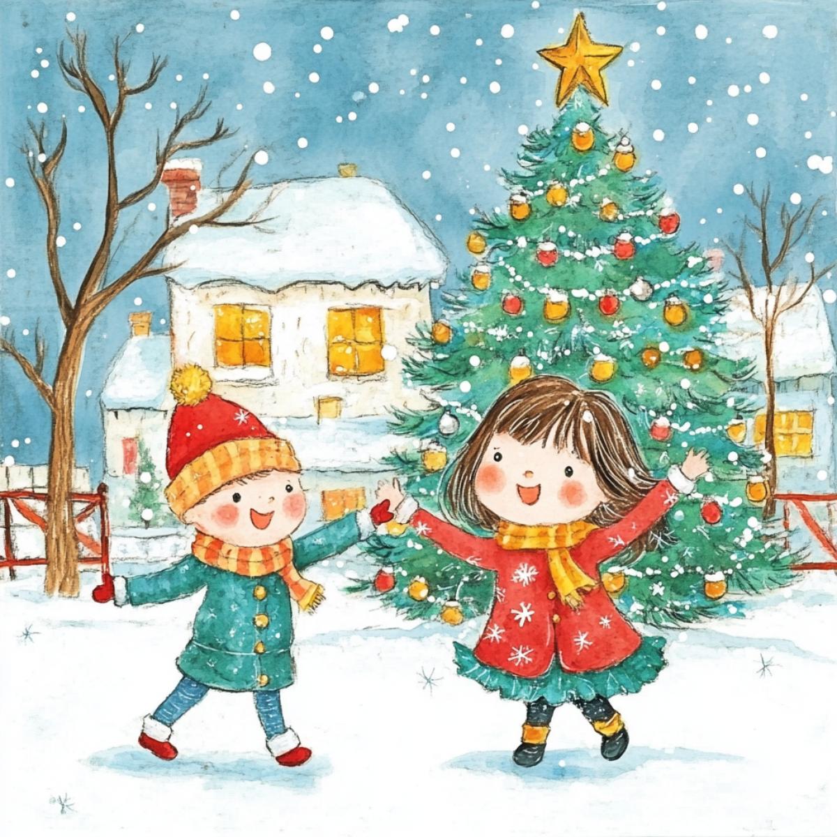 Childrens drawing. Merry home holiday New Year kids dancing near the Christmas tree