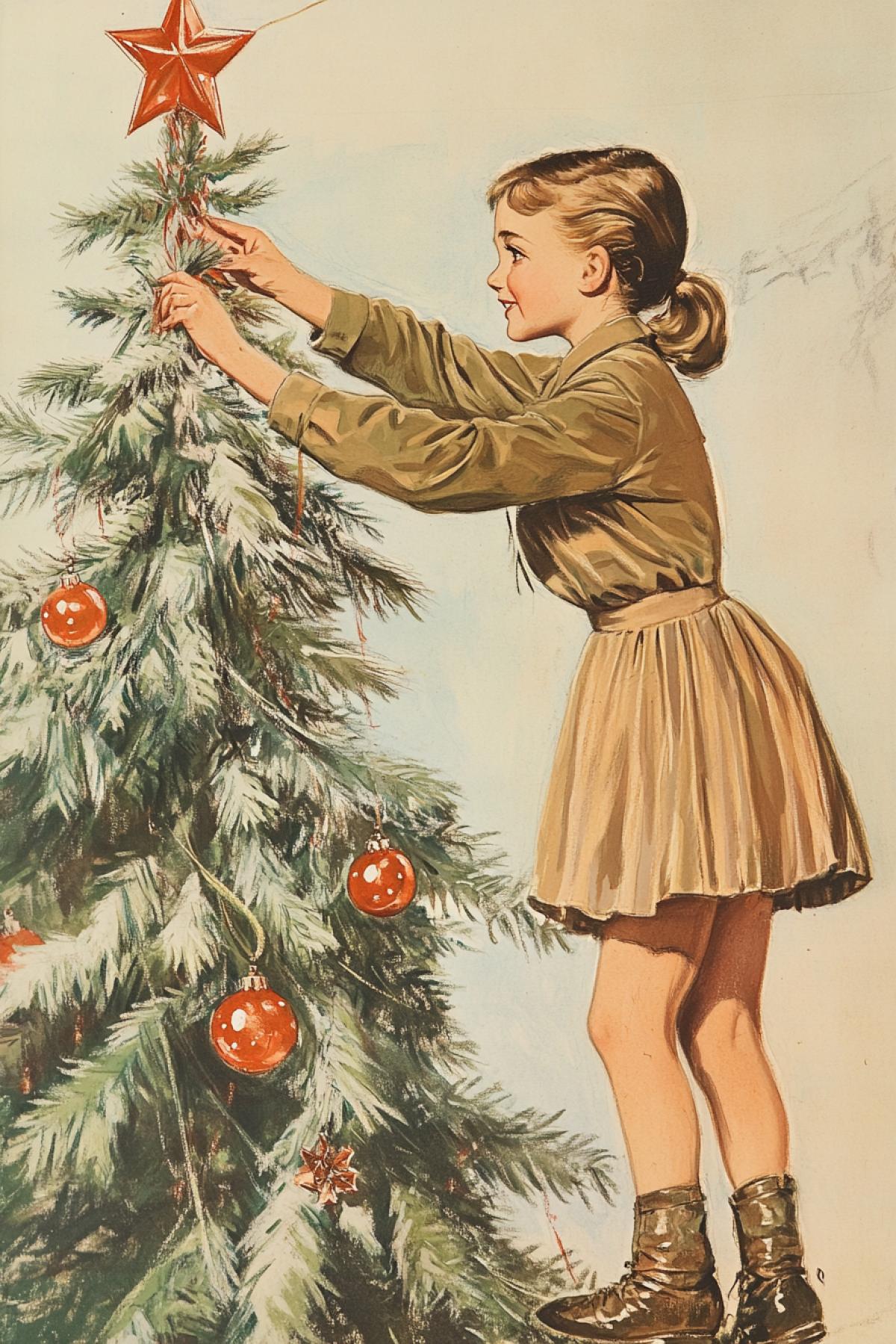 Childrens drawing in the USSR. A girl is decorating a Christmas tree and her dad is home from the war.