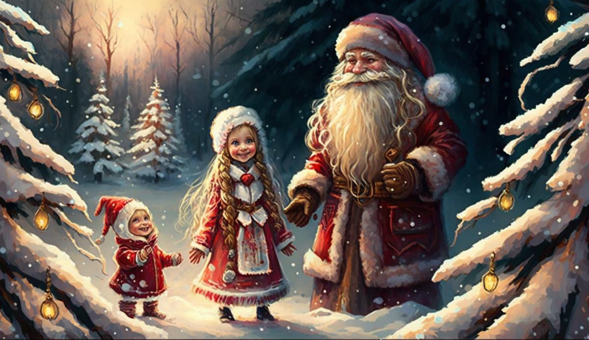 New Years childrens drawing New Year in the forest with Santa Claus and Snow Maiden