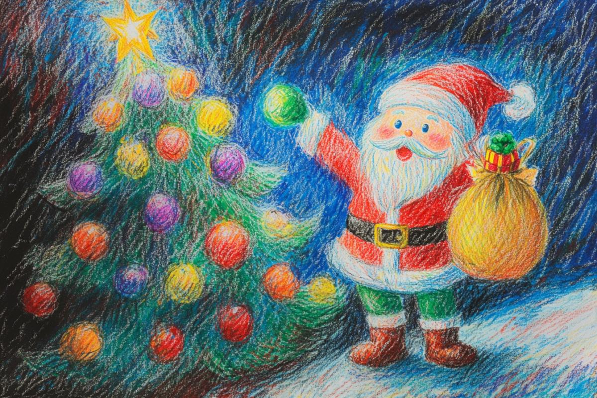 Drawing with colored pencils in a primitive style, as if drawn by a child. New Year theme, Merry New Year, tree with balls, Santa Claus with a bag of gifts, round dance around the tree, fun
