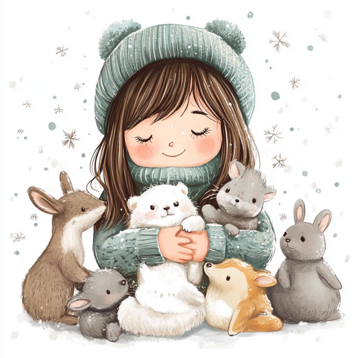 New Years childrens drawing of a girl with cute, soft and fluffy animals