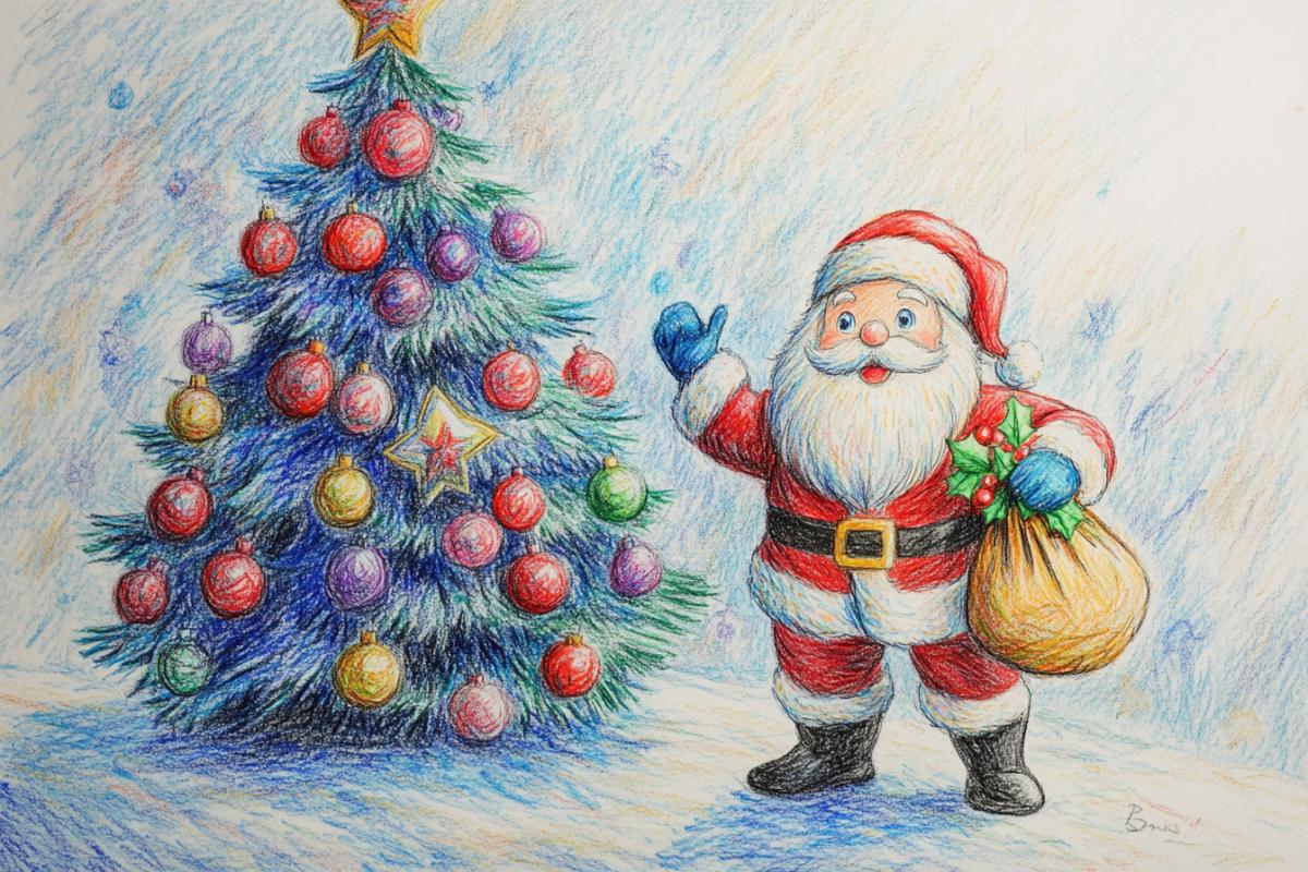 Drawing with colored pencils in a primitive style, as if drawn by a child. New Year theme, Merry New Year, tree with balls, Santa Claus with a bag of gifts, round dance around the tree, fun