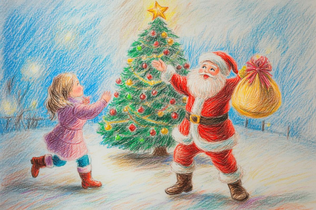 Drawing with colored pencils in a primitive style, as if drawn by a small child. New Year theme, Merry New Year, decorated Christmas tree, Santa Claus with a bag of gifts, children dance around the tree, fun
