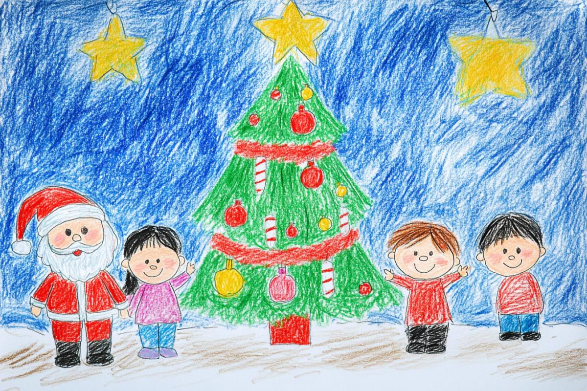 Drawing drawn by a child with colored pencils. The picture shows Santa Claus, children and a decorated Christmas tree