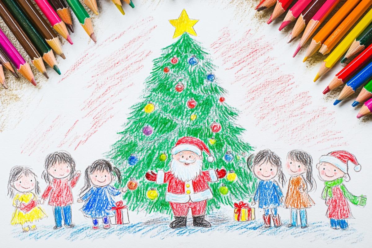 Drawing drawn by a child with colored pencils. The picture shows Santa Claus, children and a decorated Christmas tree