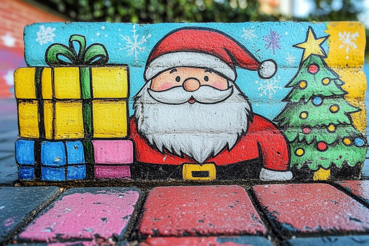 A simple cute childrens drawing drawn with colored pencils. Santa Claus with gifts and two children, a decorated Christmas tree, gifts and toys, large painted snowflakes.