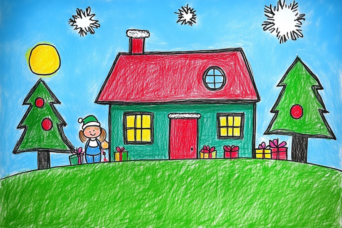 A simple cute childrens drawing drawn with colored pencils. Santa Claus with gifts and two children, a decorated Christmas tree, gifts and toys, large painted snowflakes.
