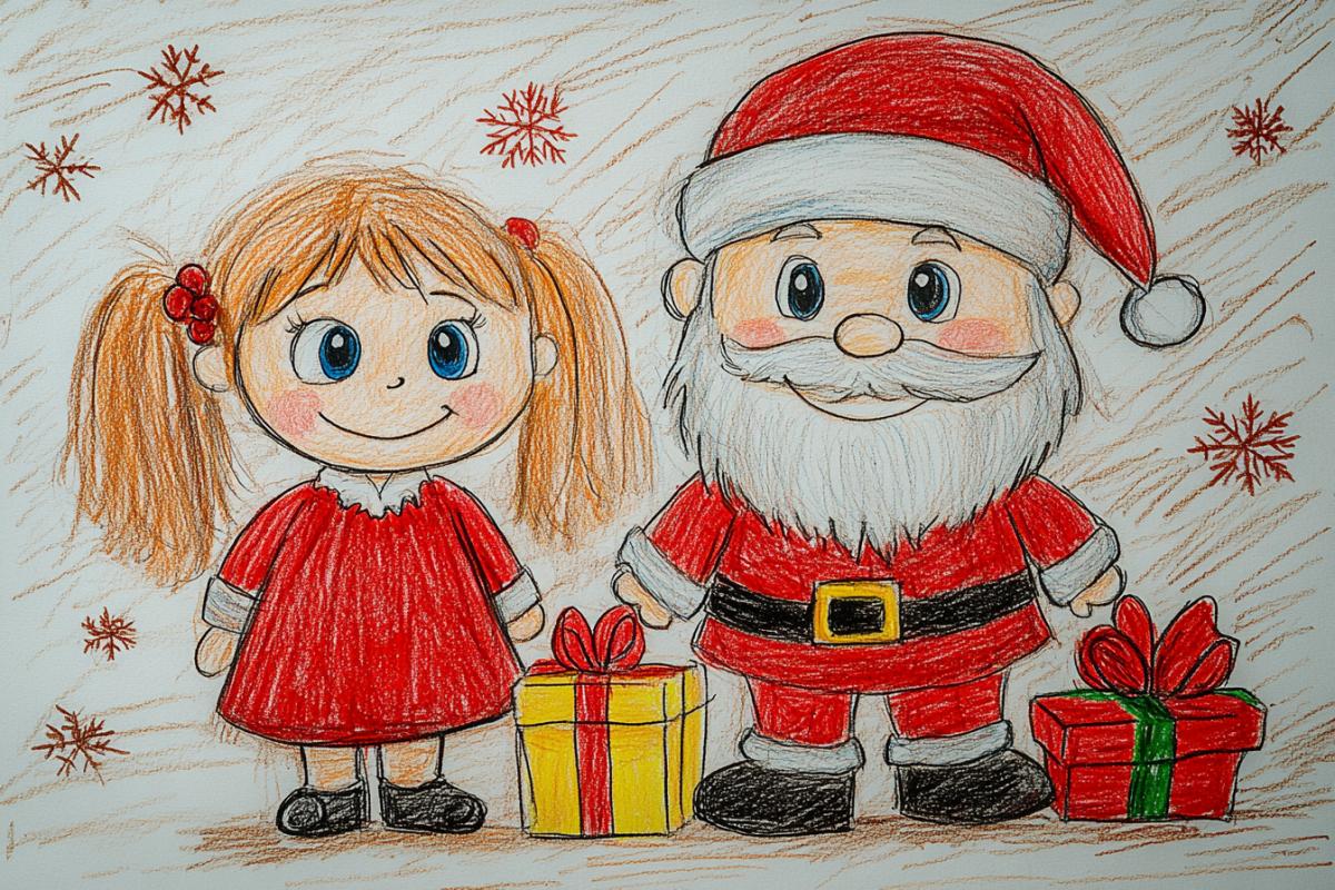 A simple cute childrens drawing drawn with colored pencils. Santa Claus with gifts and two children, a decorated Christmas tree, gifts and toys, large painted snowflakes.