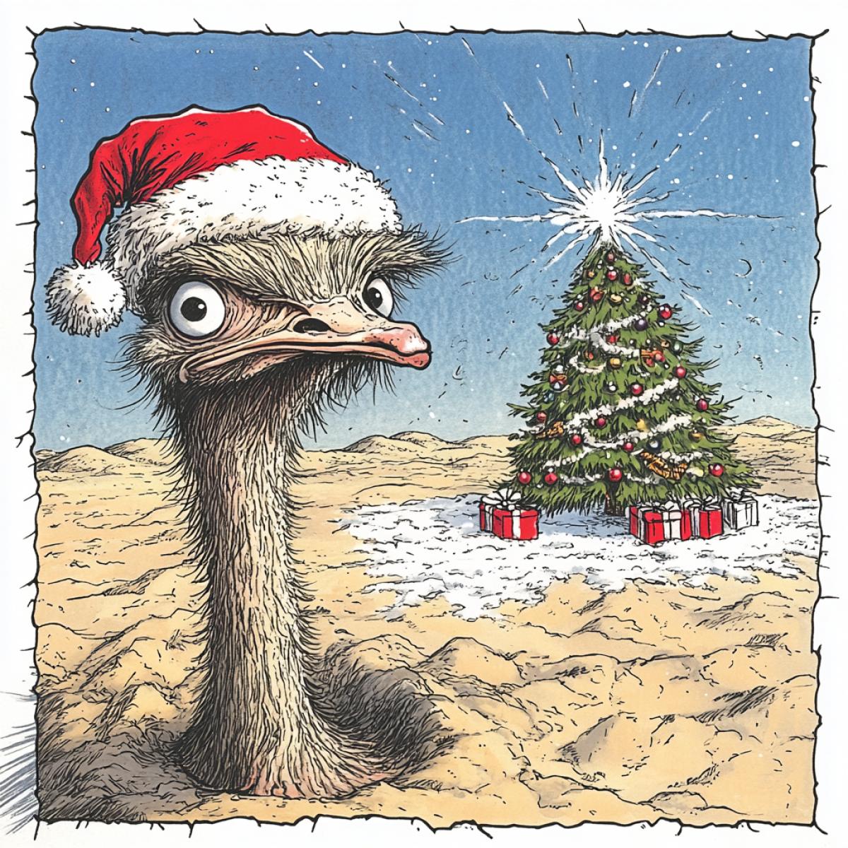 A drawing where an ostrich in the desert has stuck its head in the sand, and on the other side of the earth there is winter, a decorated Christmas tree and snow. On the ostrichs head is a red Santa Claus cap.