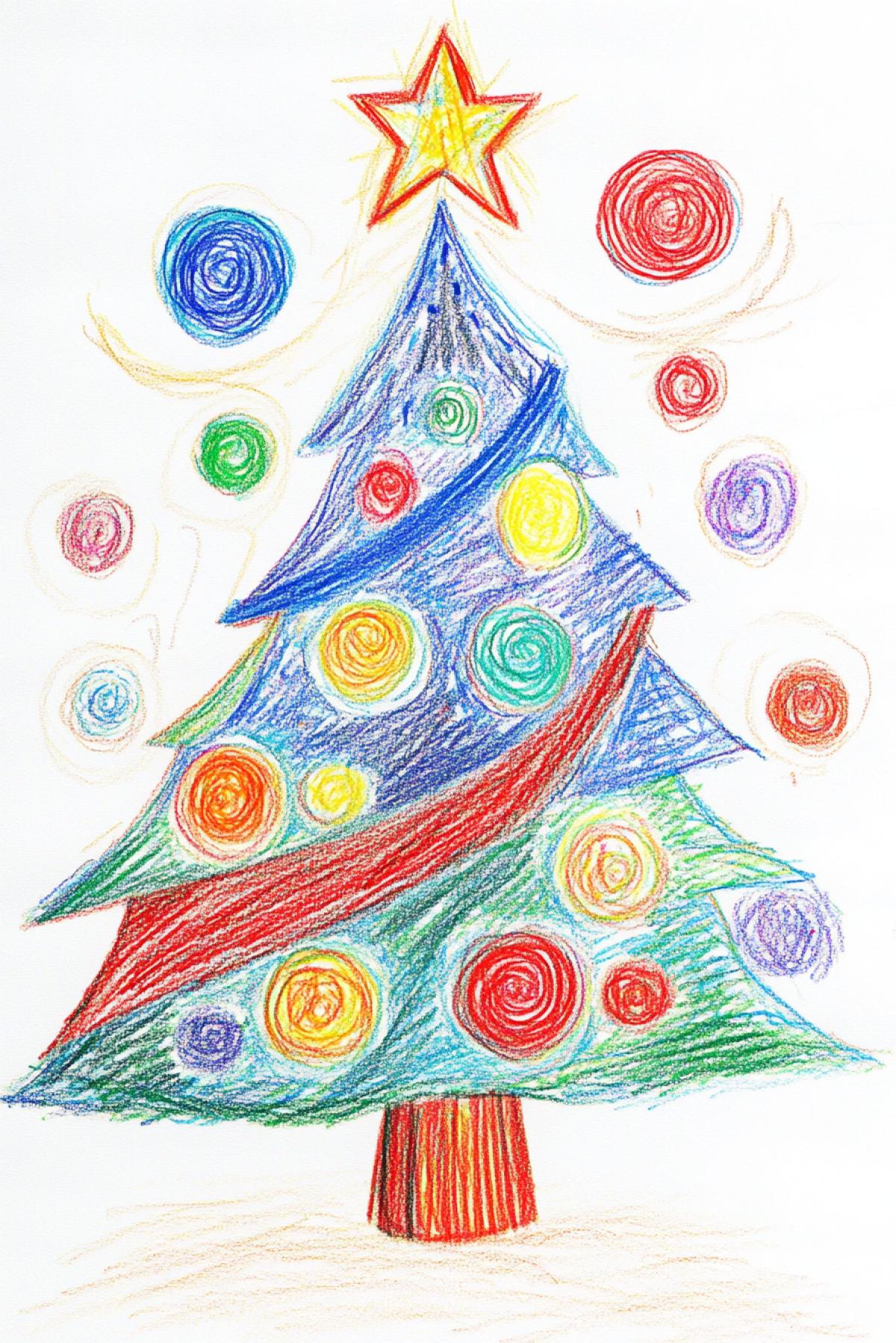 Elegant Christmas tree, childrens naive drawing with colored pencils