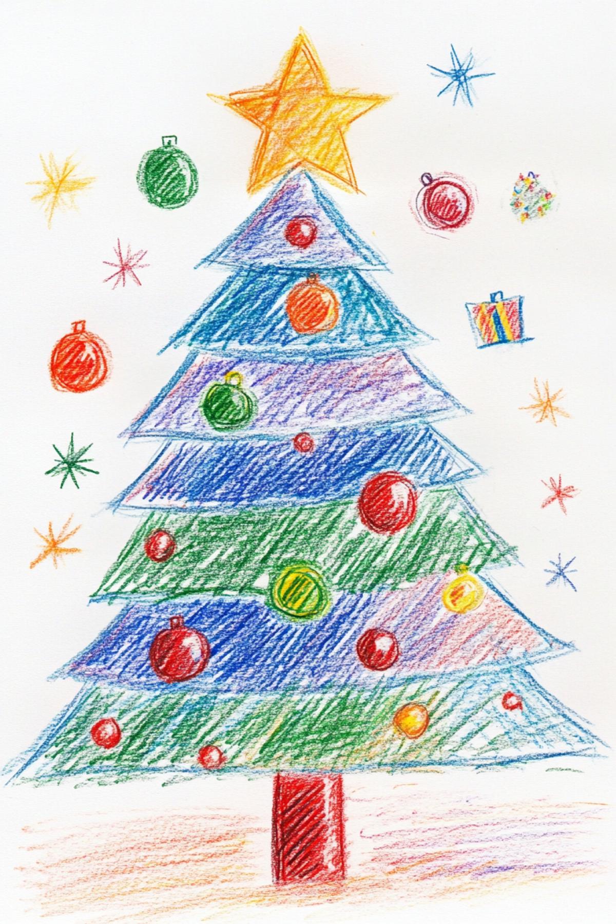 Elegant Christmas tree, childrens naive drawing with colored pencils
