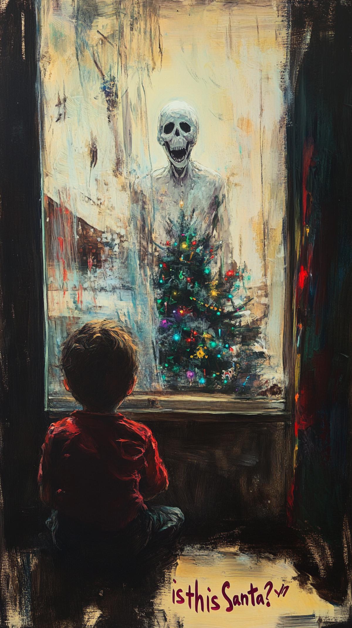 Inside the house, a New Year tree, a child looks out the window, in the window there is a thin, pale, tall, scary, scary smile, the style of a childs drawing with multi-colored pencils, at the bottom the inscription \"is this Santa?\"