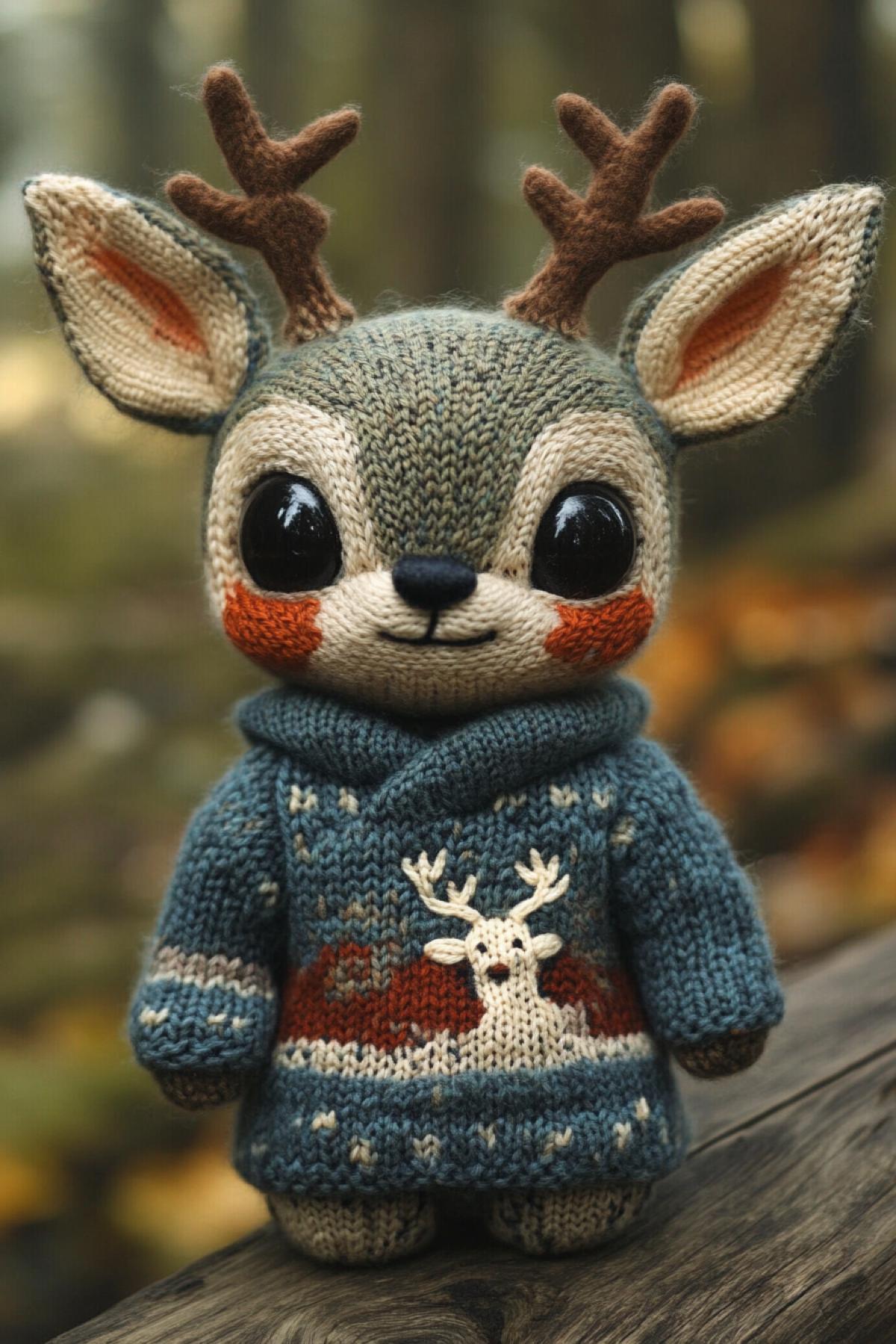 Stitch character in a knitted sweater with a deer pattern