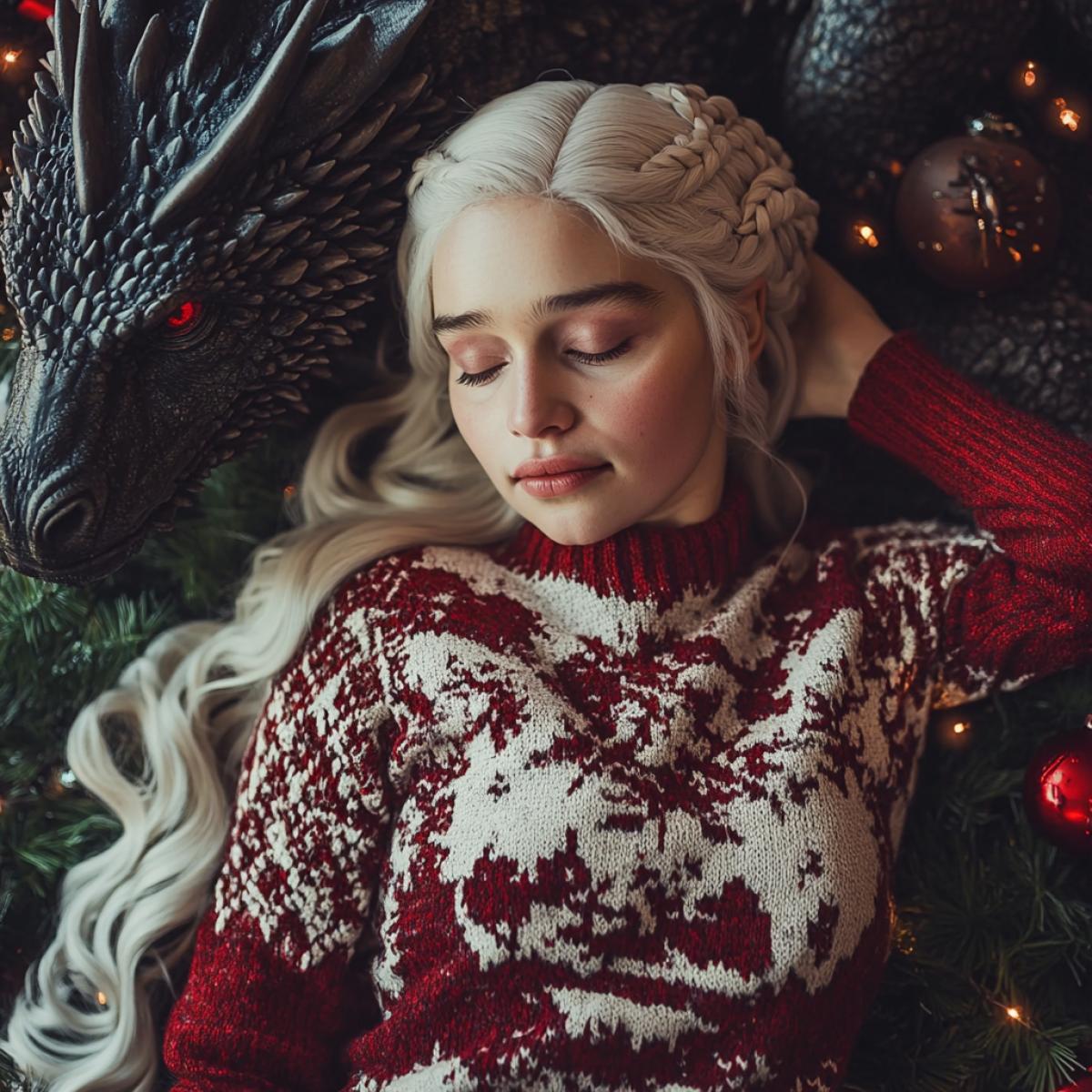 Beautiful Daenerys Targaryen from the series Game of Thrones in a New Years sweater lies next to her dragon