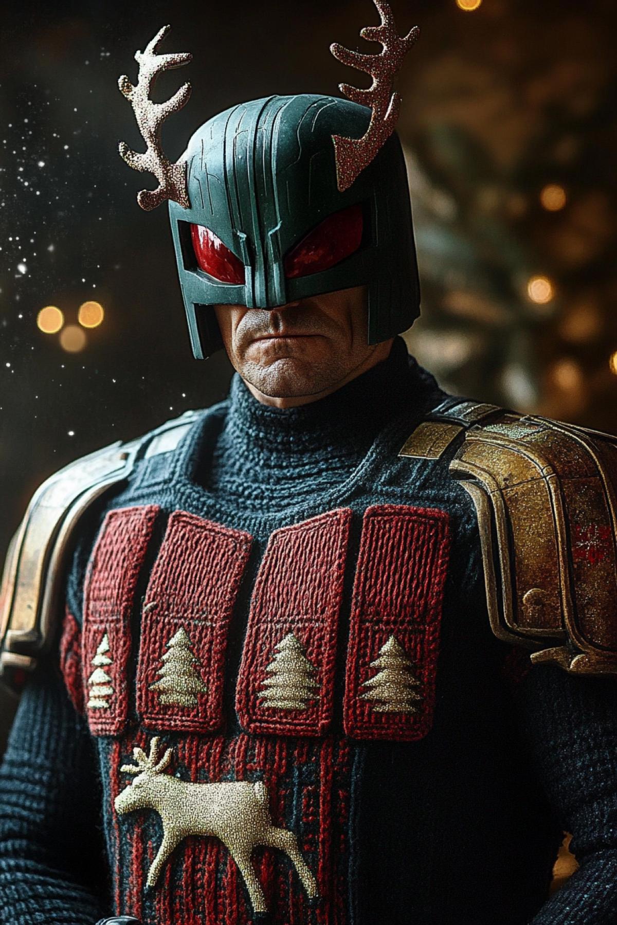 Drunk Judge Dredd in a silly Christmas sweater with reindeer.