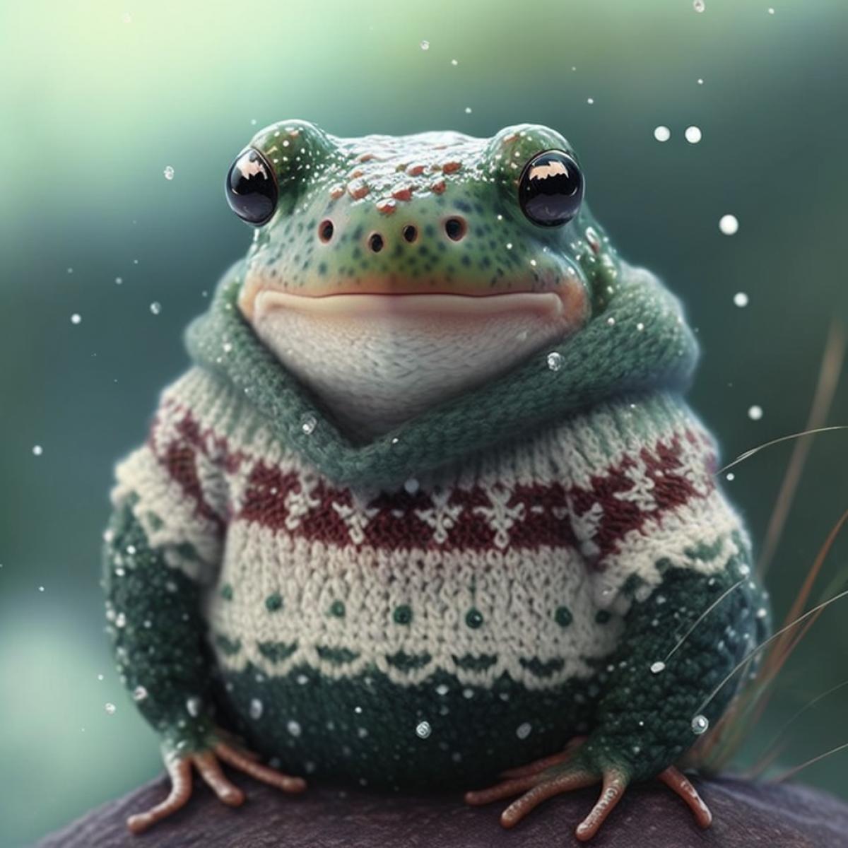 Cute lovely perfect frog in a soft lovely fluffy and cute Christmas sweater