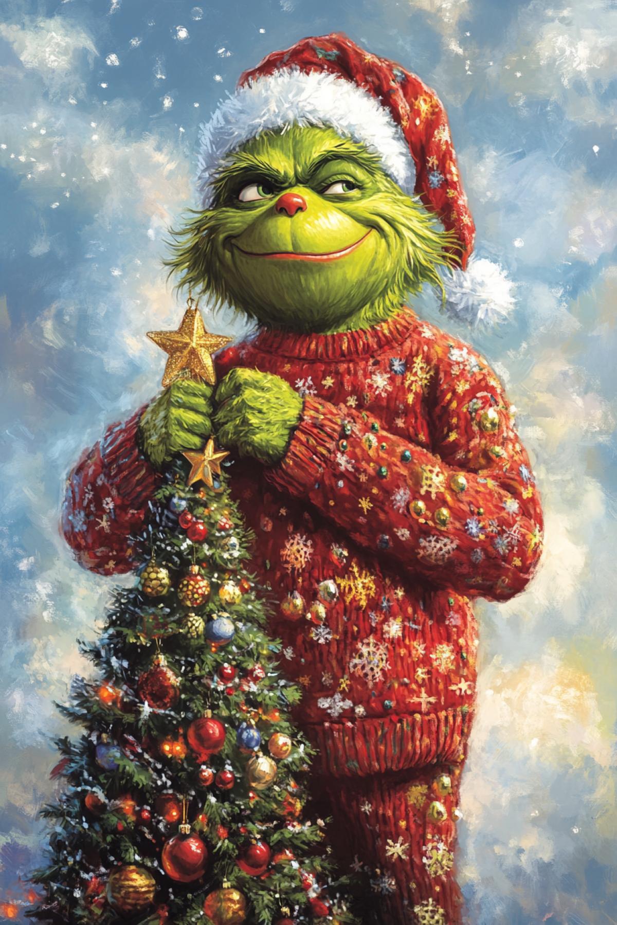 Green Grinch in a Christmas sweater steals someone elses Christmas tree