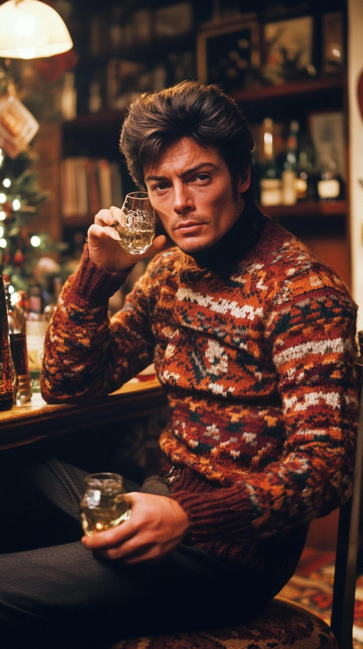 Alain Delon in a New Years knitted sweater