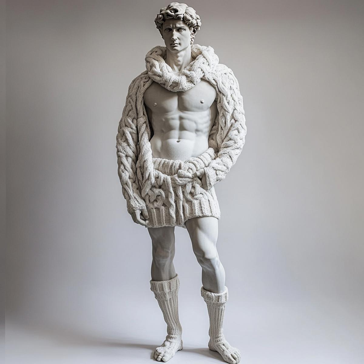 A full-length statue of David made of gray plaster, in a warm knitted New Years bright long sweater, the length of the sweater is knee-length