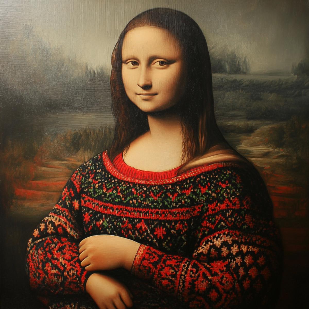 painting of Mona Lisa in a New Years sweater, realistic, exact repetition of the image in the original