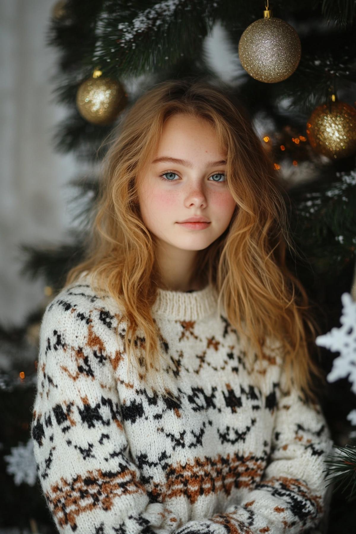 Girl in a knitted sweater with New Years patterns