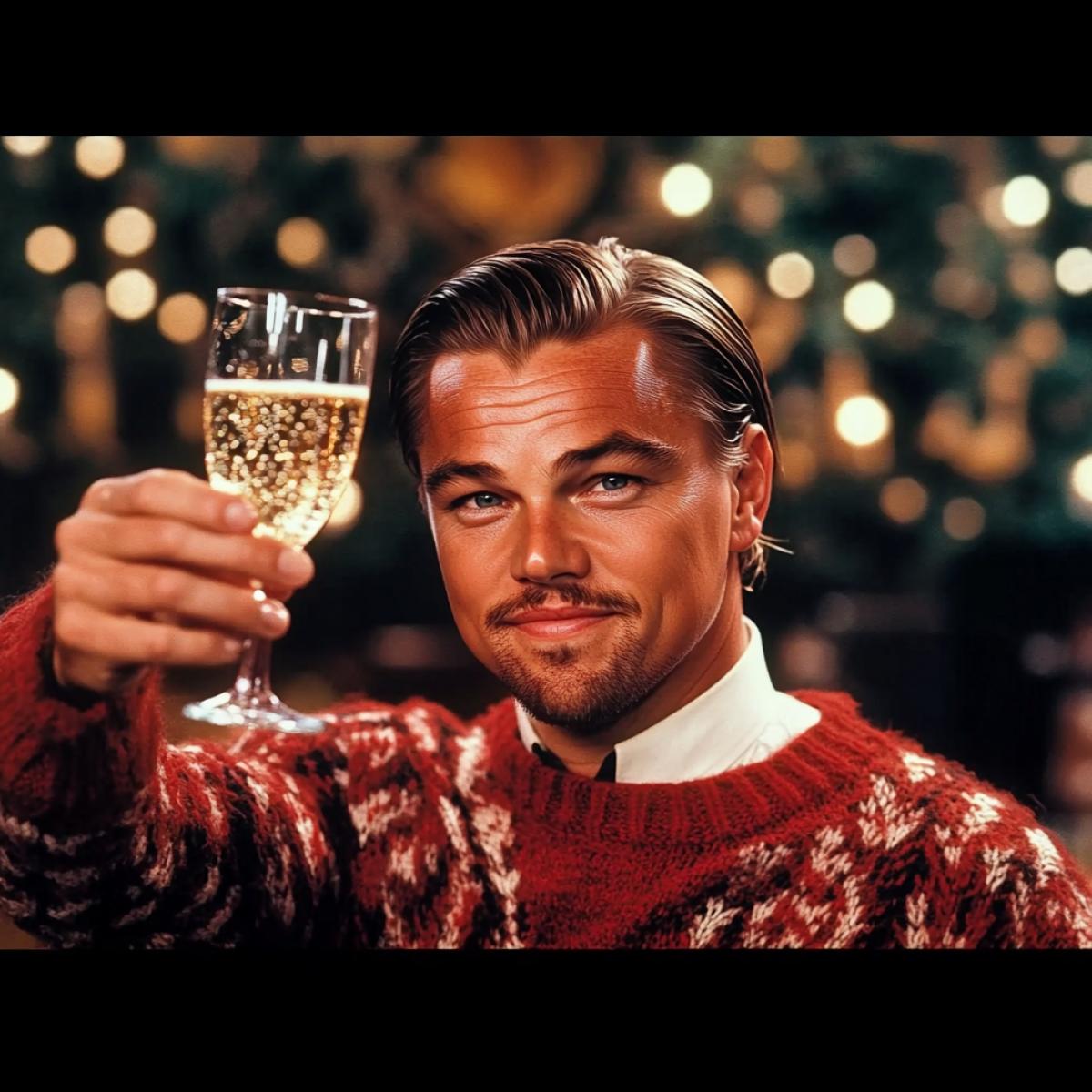 Actor Leonardo DiCaprio in a New Years red sweater, extends his hand with a wide glass of champagne