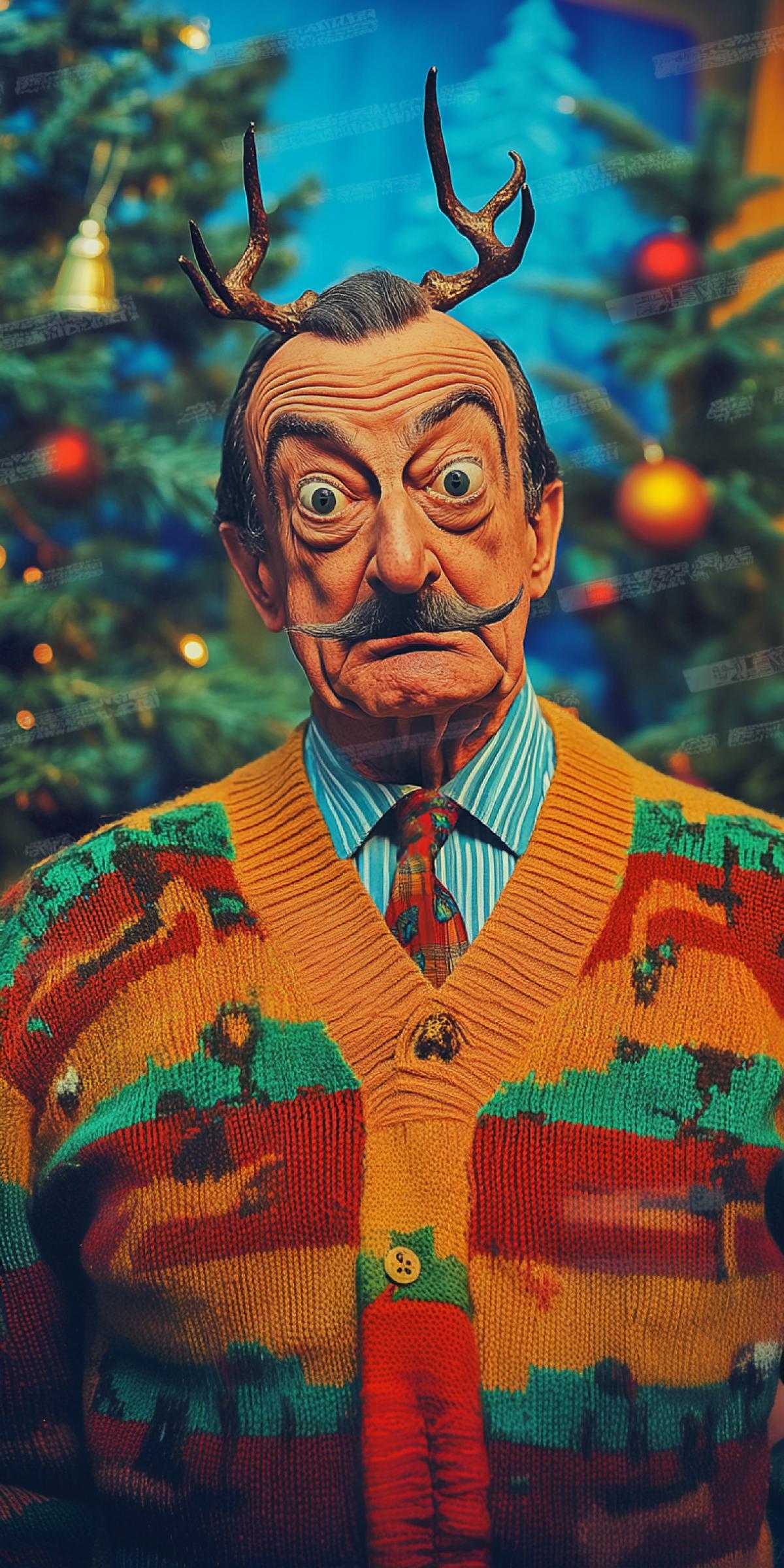 Salvador Dali wearing a funny Christmas sweater