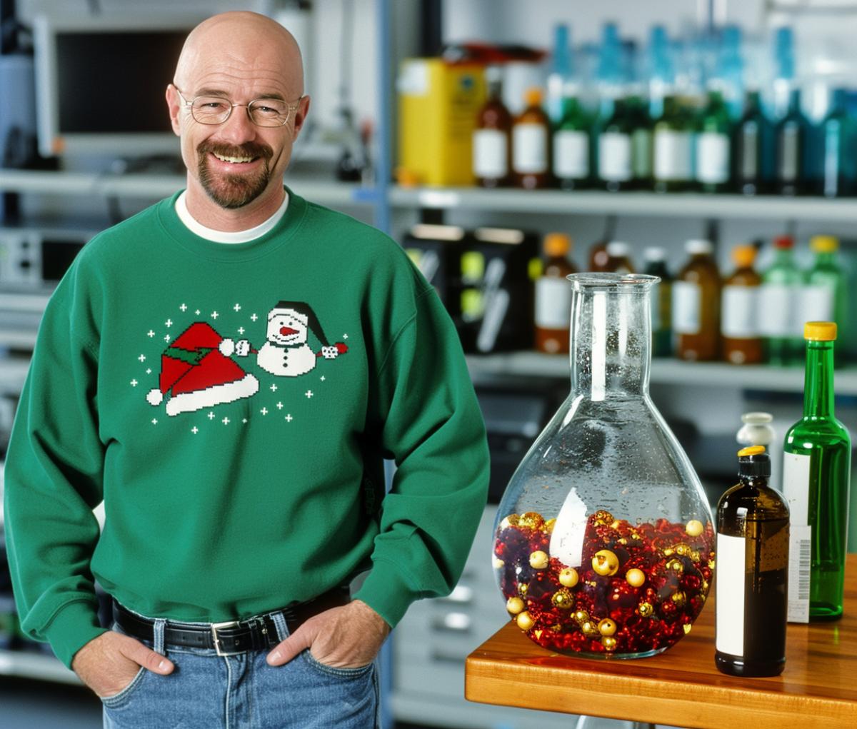 Walter White from breaking bad wearing a funny Christmas sweater is in an underground chemical laboratory