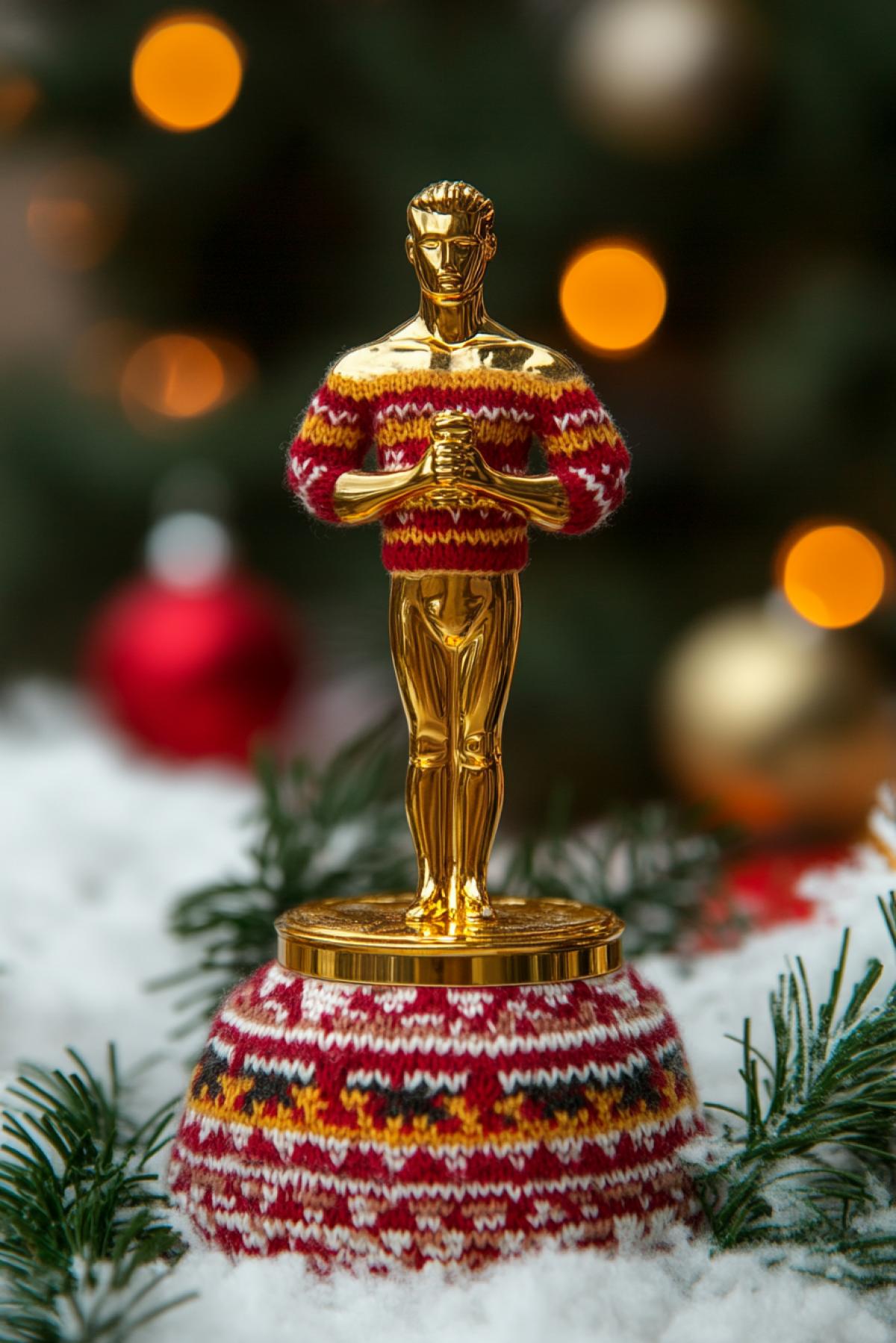 Golden statuette of an Oscar award in a bright positive knitted New Years sweater with a pattern of deer