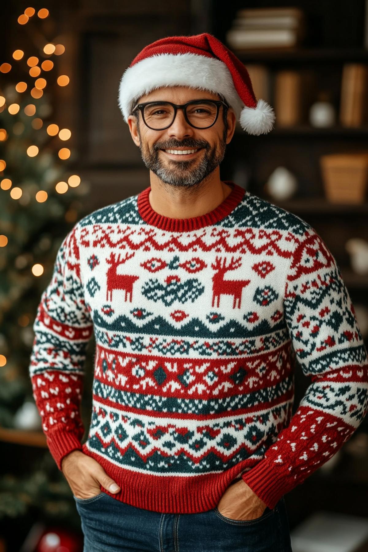 Santa Claus in a knitted sweater with a deer pattern, red white and green.