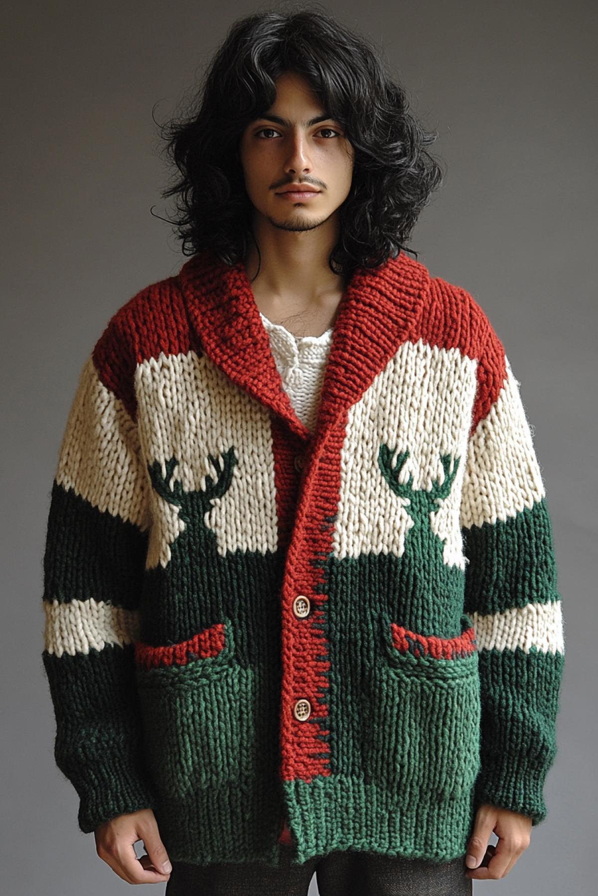 Santa Claus in a knitted sweater with a deer pattern, red white and green.