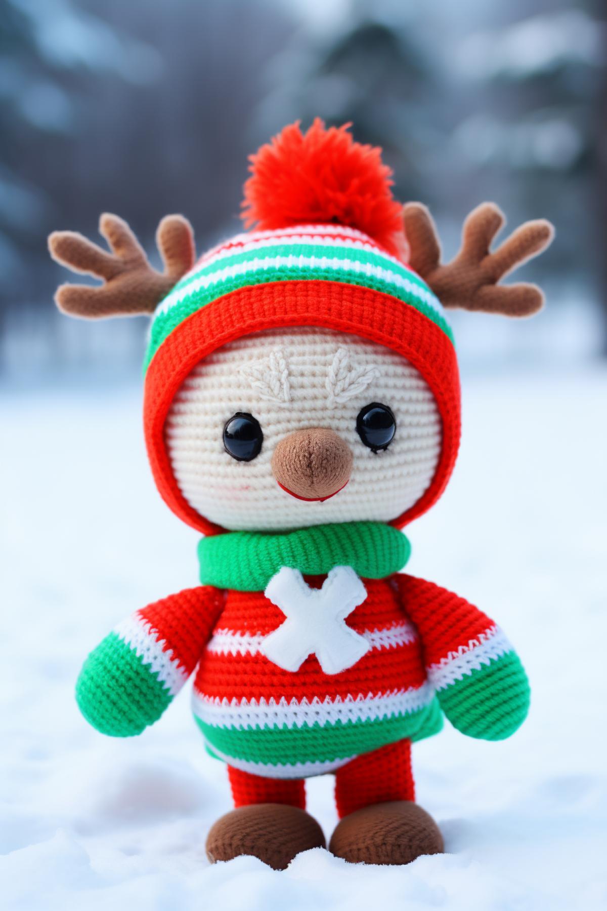 Classic Santa Claus with a white beard, wearing a red cap with a white pompom, wearing a knitted sweater with a deer pattern, red white and green colors.