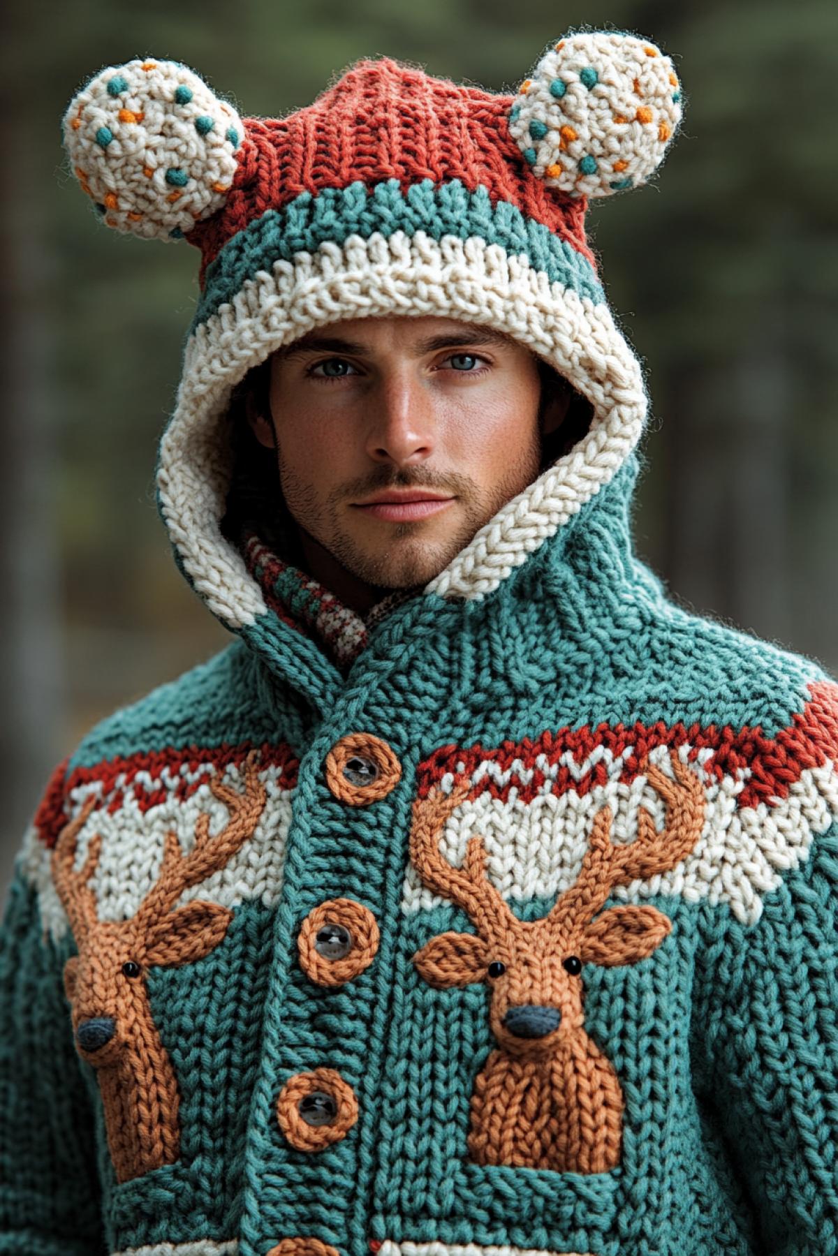 Santa Claus in a knitted sweater with a deer pattern, red white and green.
