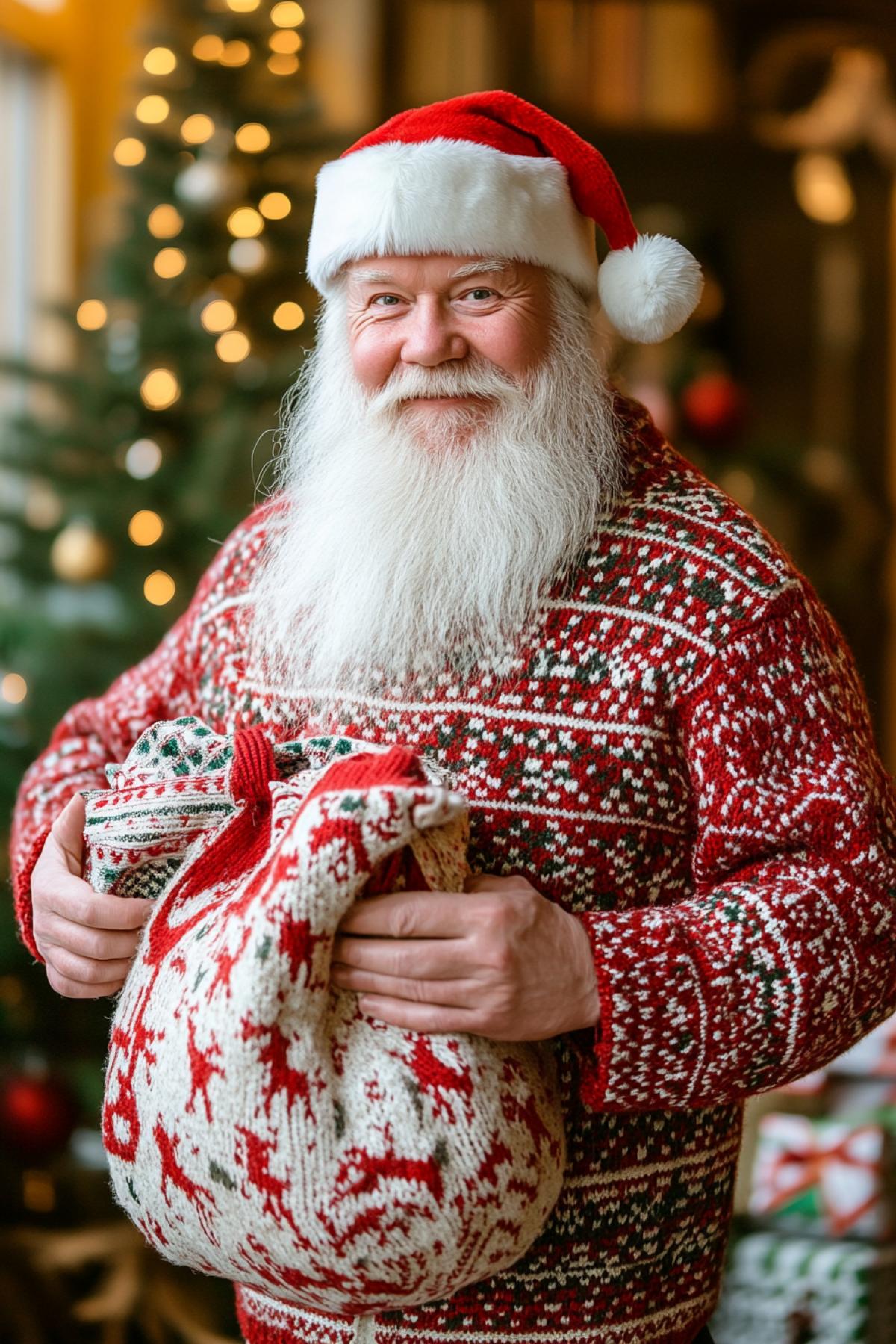 Classic Russian Santa Claus with a long white beard, in a red hat with white fur, in a red knitted sweater with a pattern of deer, red white and green color, holding a bag with gifts in his hands, on the background of a New Year tree