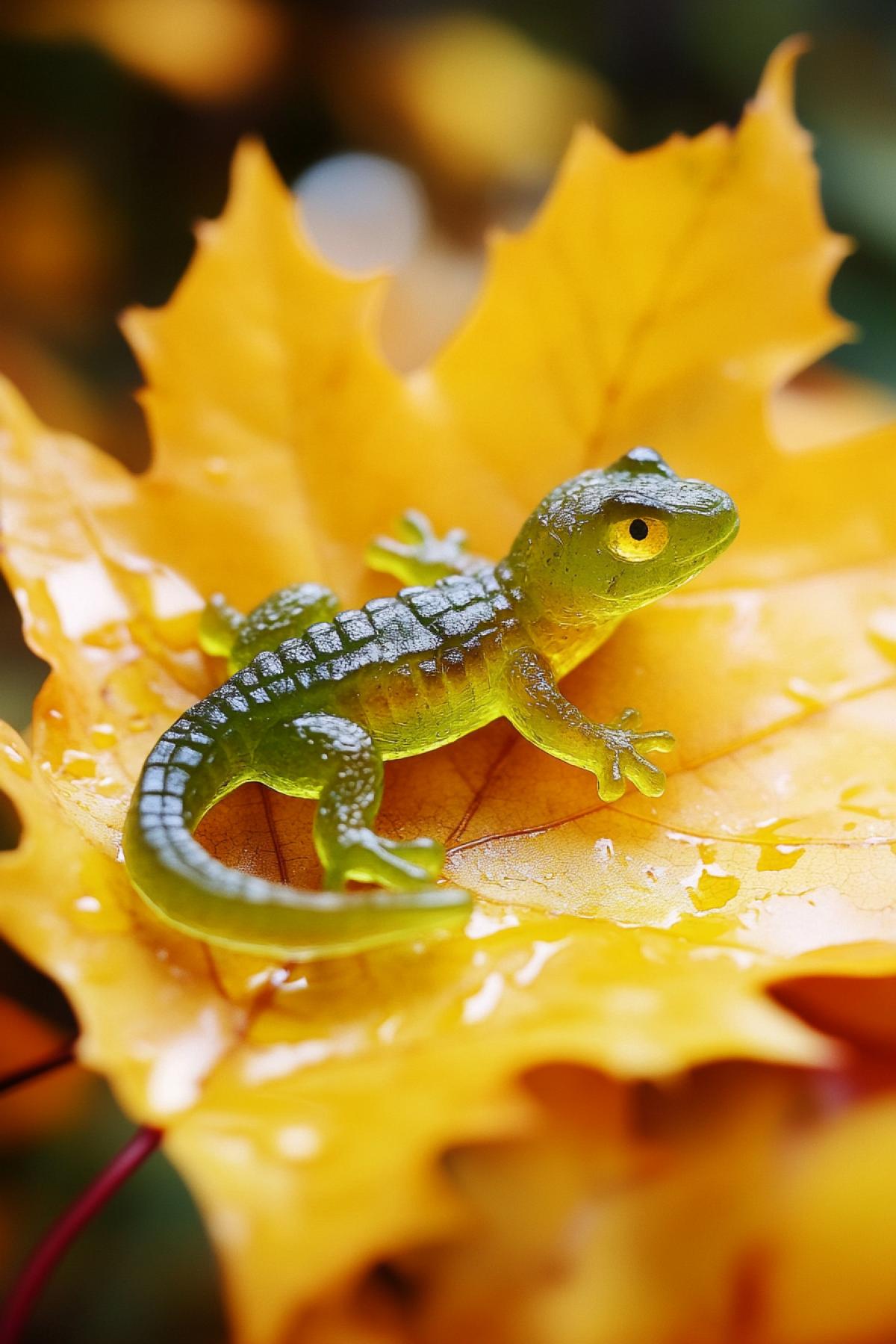 A gummy green lizard, a sweet gummy lizard sits on a yellow autumn maple leaf. Bright colors.