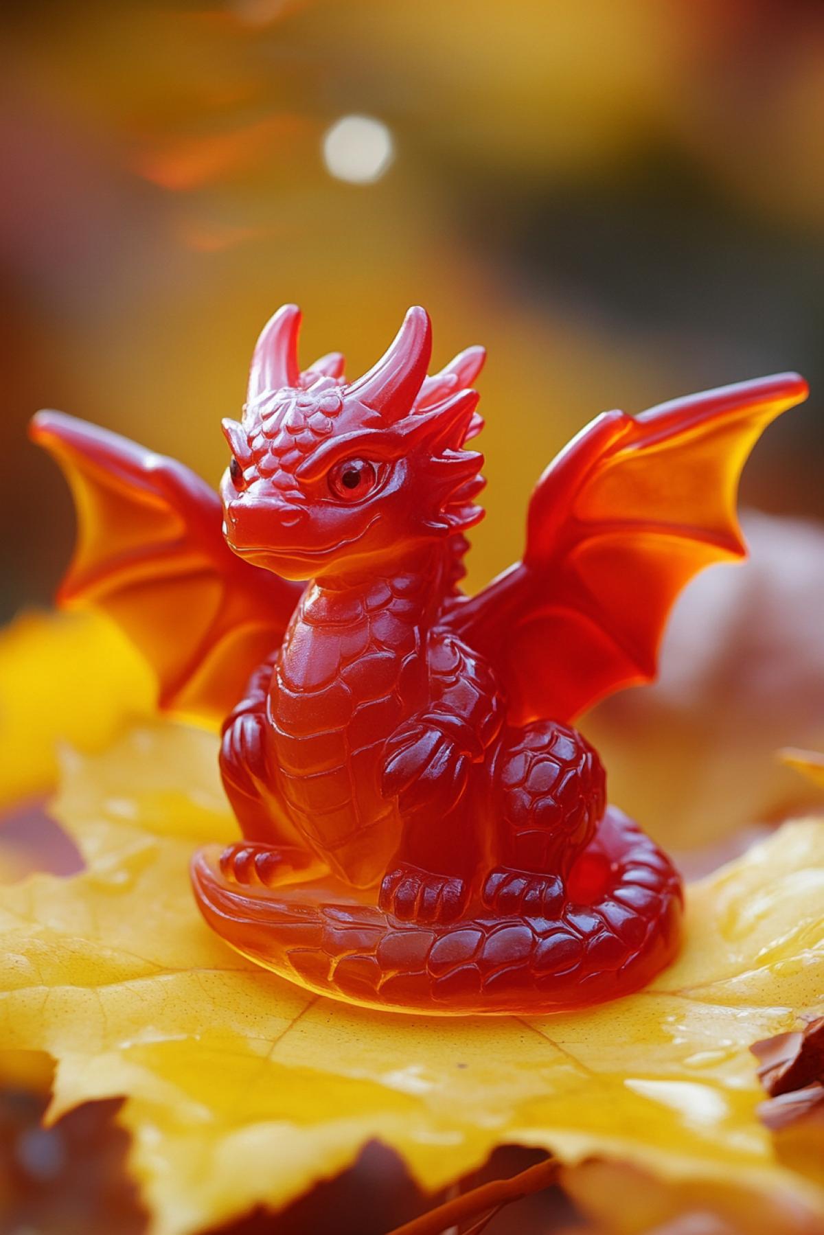 Gummy red dragon, sweet jelly dragon sits on a yellow autumn maple leaf. Bright colors.