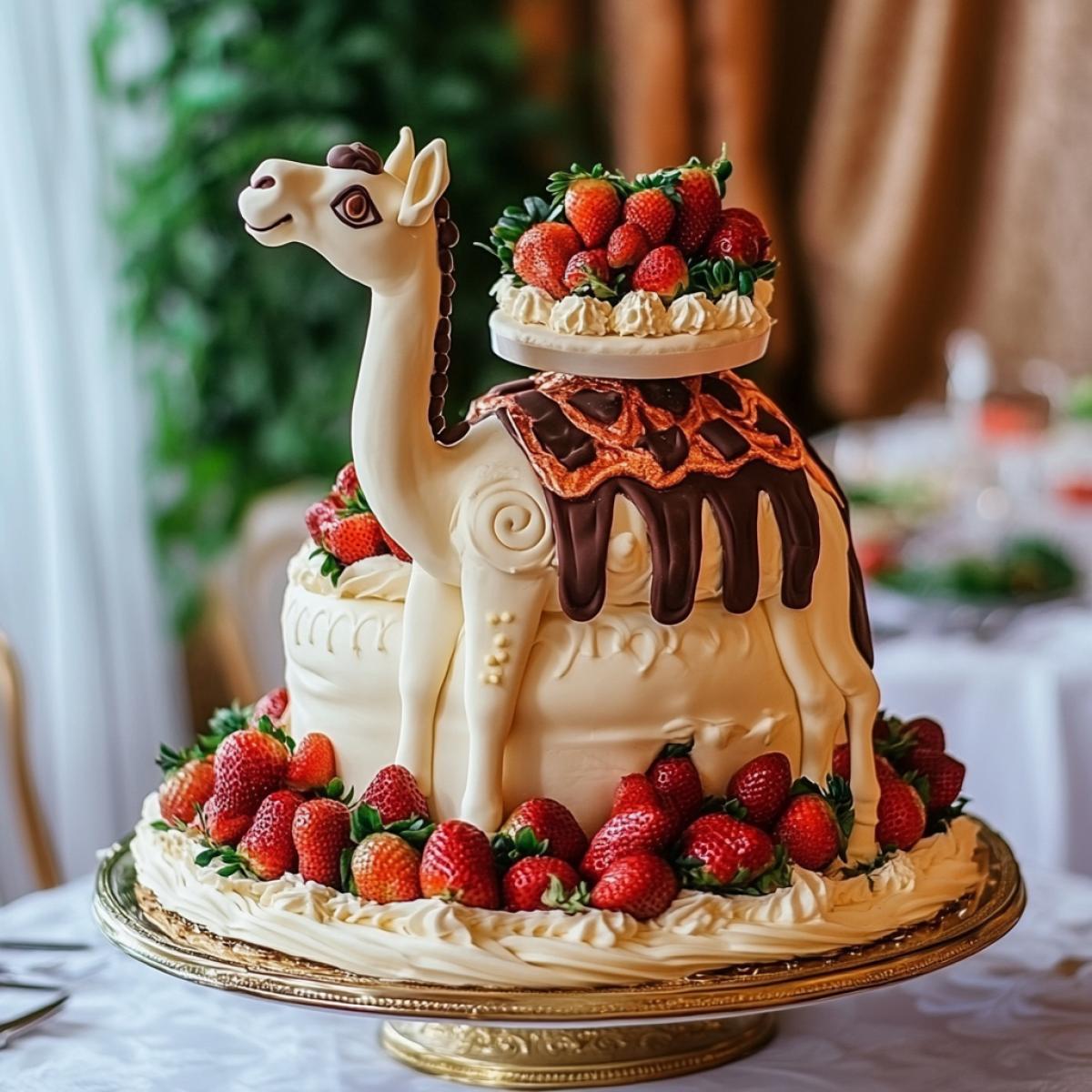 A large elegant cream cake with chocolate and strawberries in the shape of a camel became a table decoration