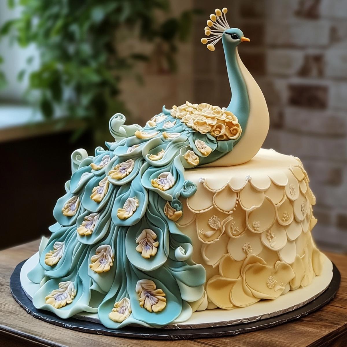 A very beautiful and elegant cake in the shape of a peacock with a flowing tail