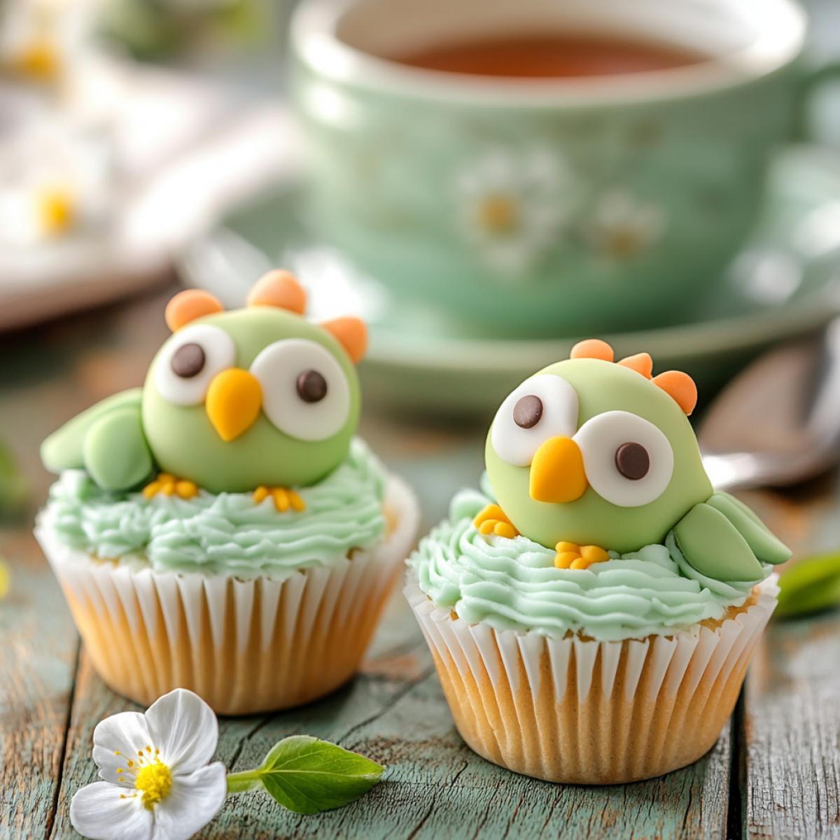 Cupcakes in the shape of little cute parrots lie on the table next to tea